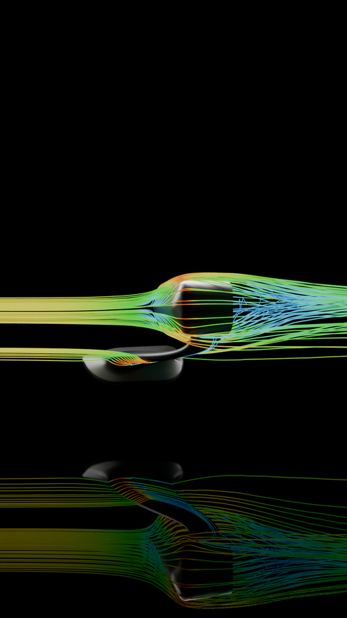 CFD airflow simulation of Aura Stream side mirror by SN Motorsports — Computational Fluid Dynamics visualization showing minimized lateral drag from swan-neck aerodynamic geometry